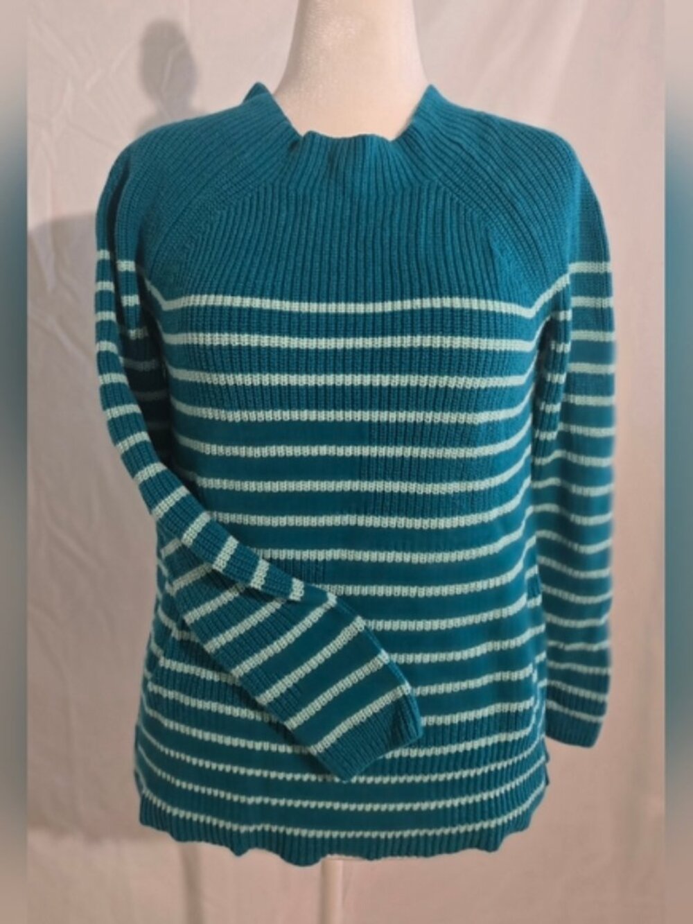 Lands' End Women's Teal Striped Sweater